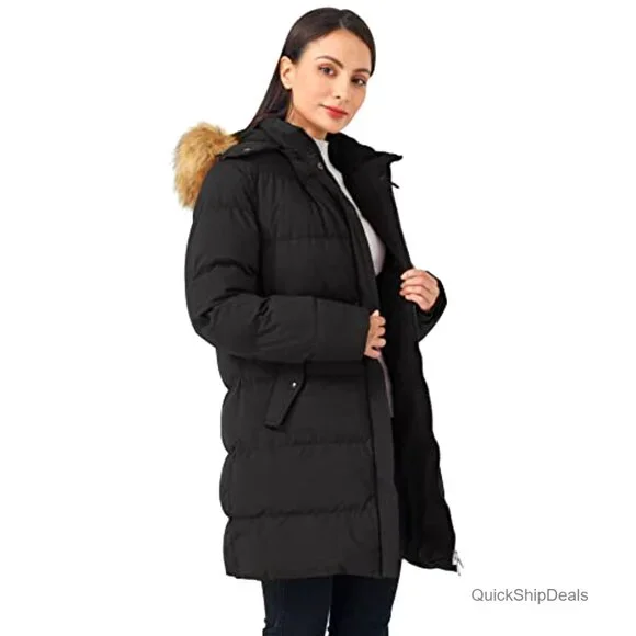 Women's Winter Puffer Coat with Removable Hood, Waterproof, Slim Fit
